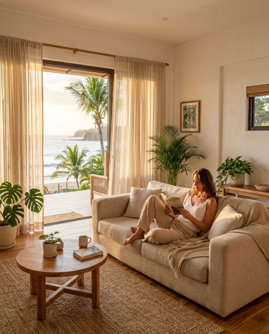 A person relaxed on a sofa at golden hour, coastal living room — Riviera Home Furniture Jacó
