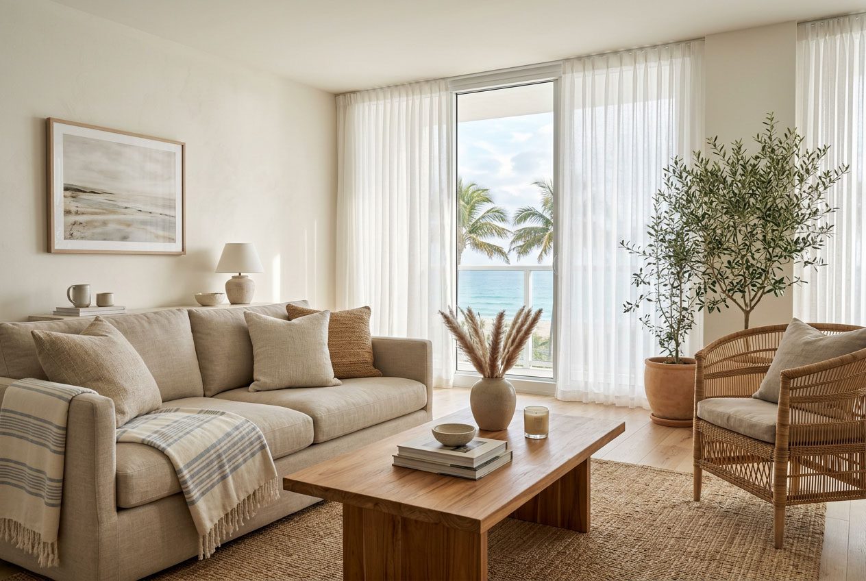 Sunlit dining nook with furniture budget planning materials, ocean view — Riviera Home Furniture Jacó