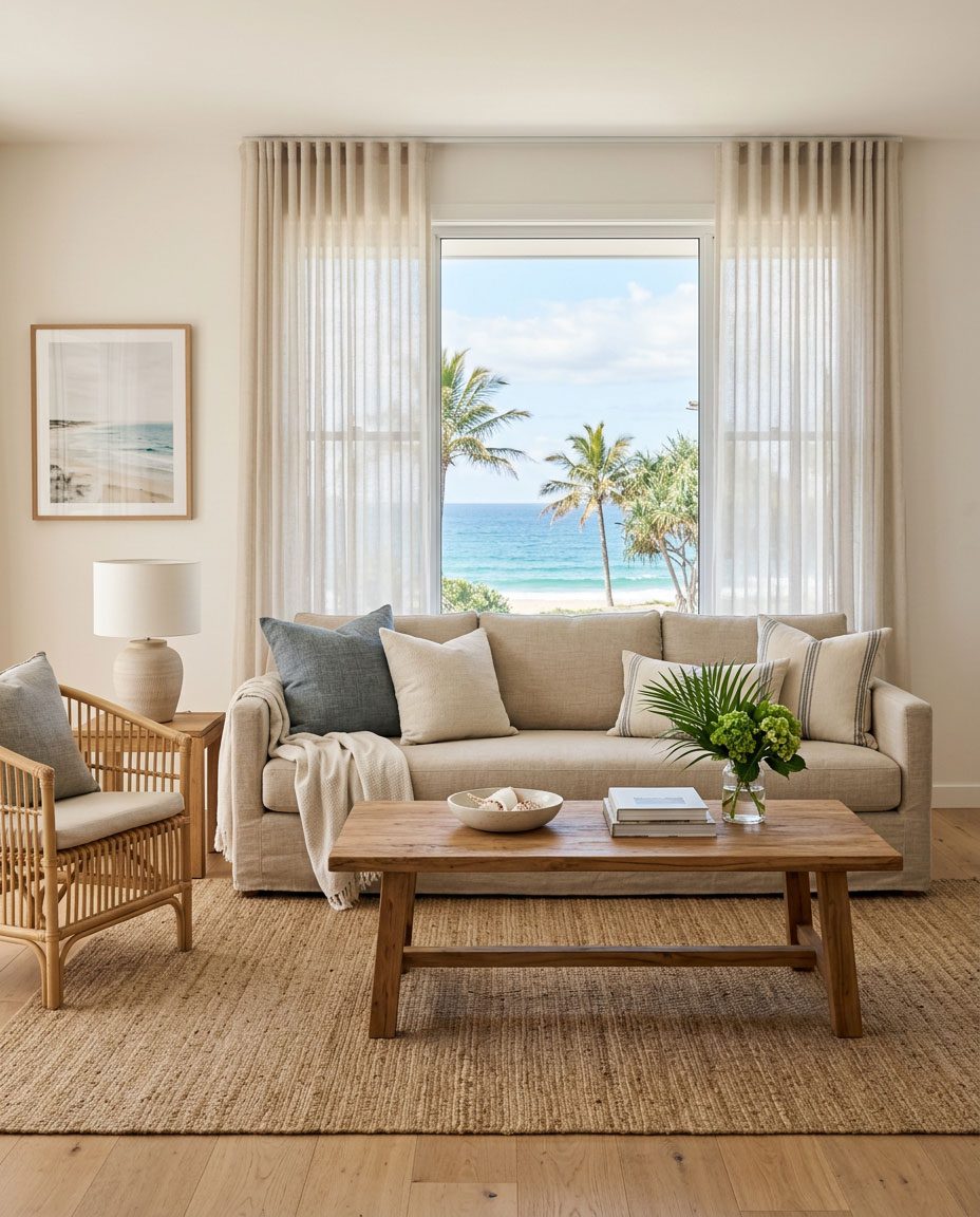 A well-made linen sofa and teak coffee table in a bright coastal living room — Riviera Home Furniture