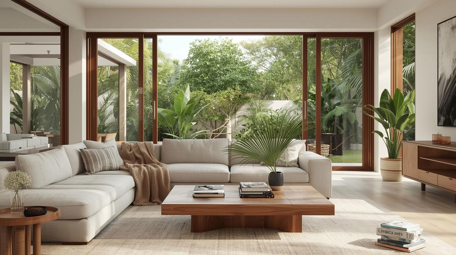 Modern coastal living room with sectional sofa and solid wood coffee table — Riviera Home Furniture Jacó Costa Rica