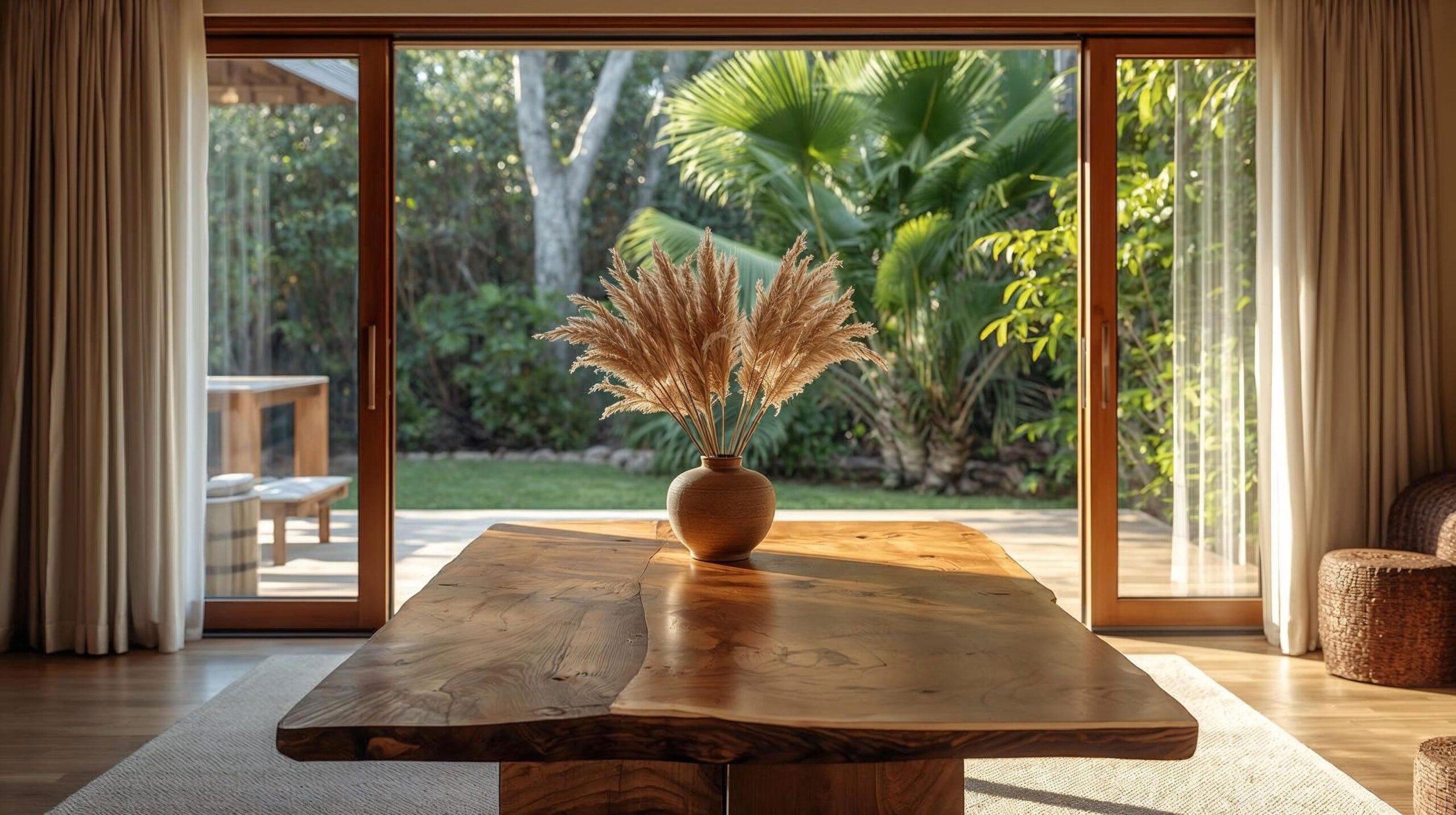 Live-edge solid wood table with dried pampas grass vase — Riviera Home Furniture Jacó Costa Rica