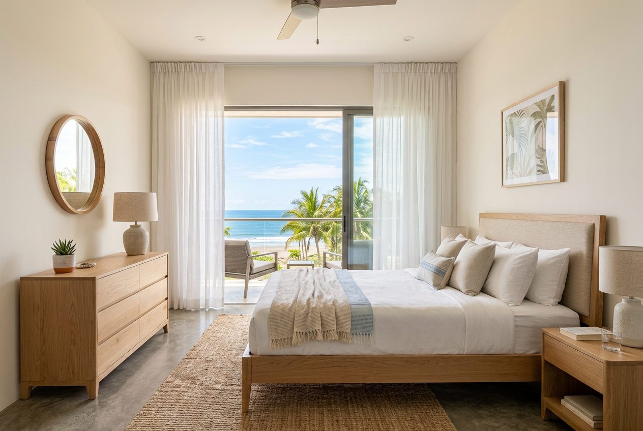 Custom bedroom furniture matching the model-unit standard across a Jacó development — Riviera Home Furniture
