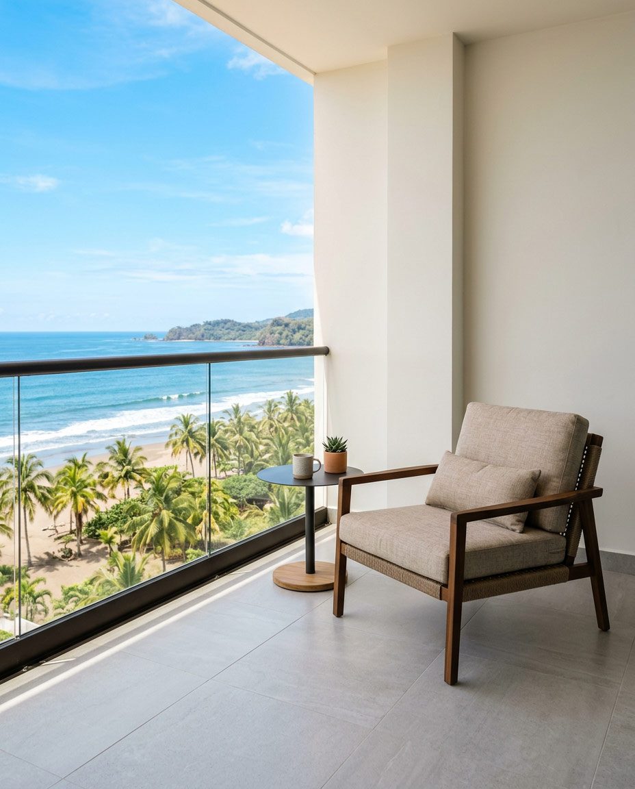 Outdoor balcony furniture matching the interior standard across a Jacó development — Riviera Home Furniture