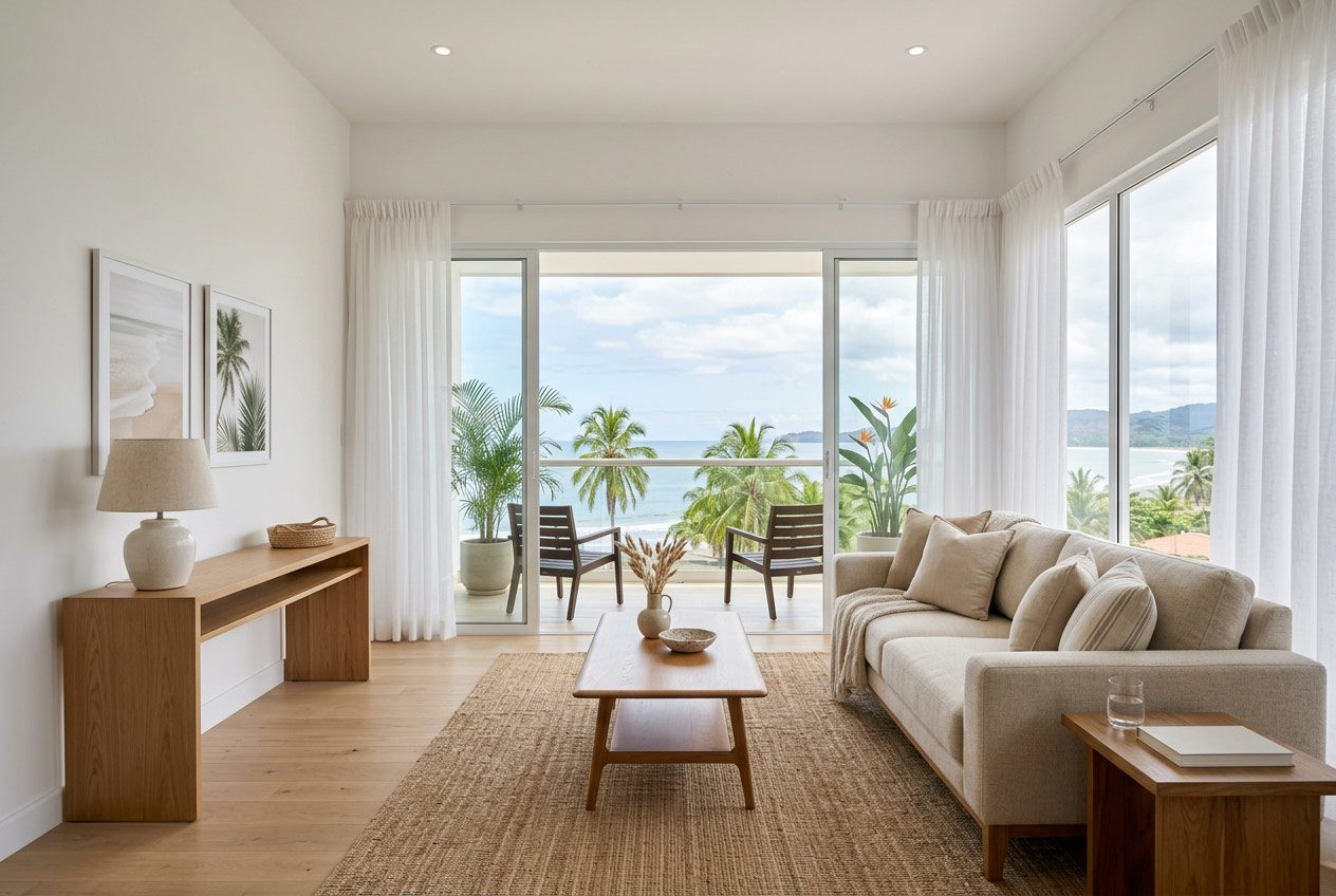 Consistent modern coastal furnishing style repeated across a Jacó condo development — Riviera Home Furniture