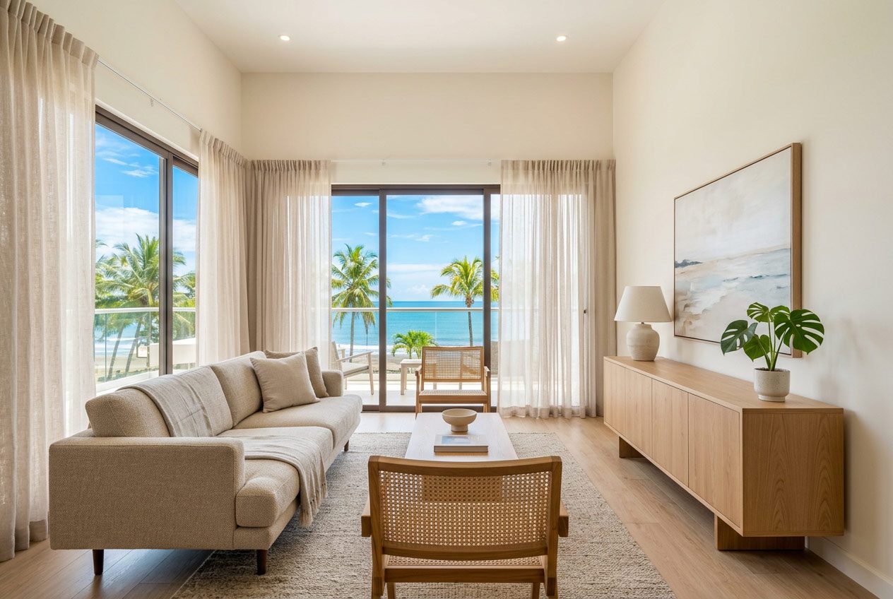 Turnkey furnished condo living room for a new development in Jacó, Costa Rica — Riviera Home Furniture