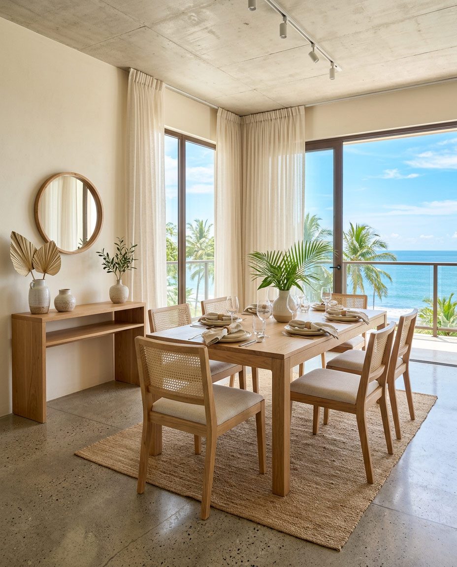 Dining area furnished consistently across a condo development in Jacó, Costa Rica — Riviera Home Furniture