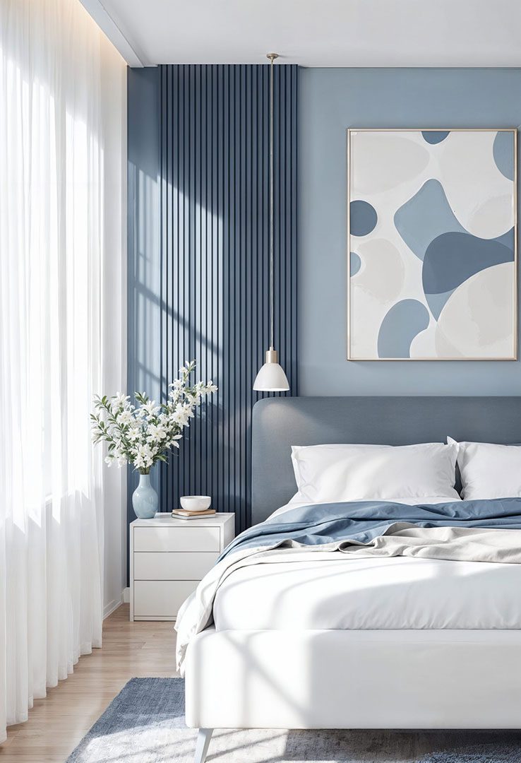 Warm neutral bedroom, natural materials, wood nightstand — Riviera style