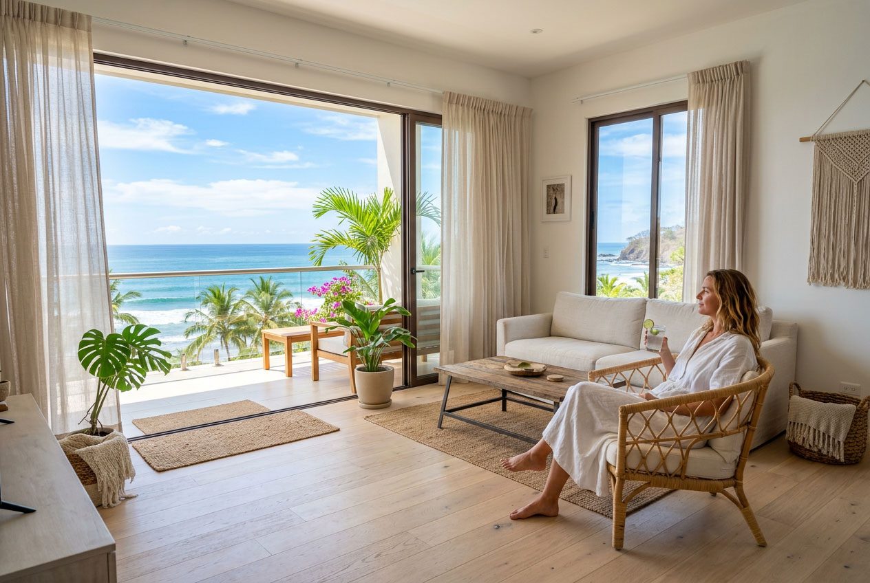 Boucle armchair beside floor-to-ceiling windows overlooking the Pacific — Riviera Home Furniture Jacó Costa Rica