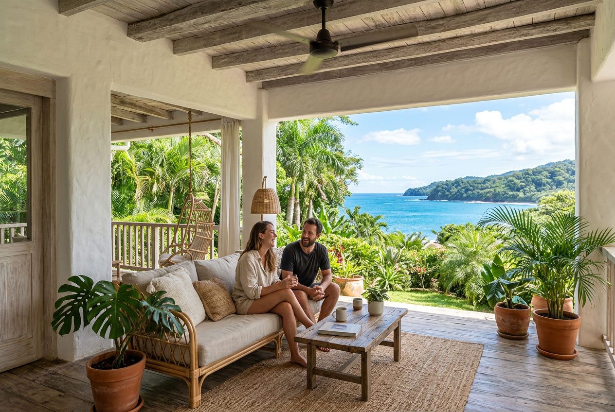 Open-air villa lounge on the Costa Rican Pacific coast, indoor-outdoor living with a view of greenery and blue sky — Riviera Home Furniture