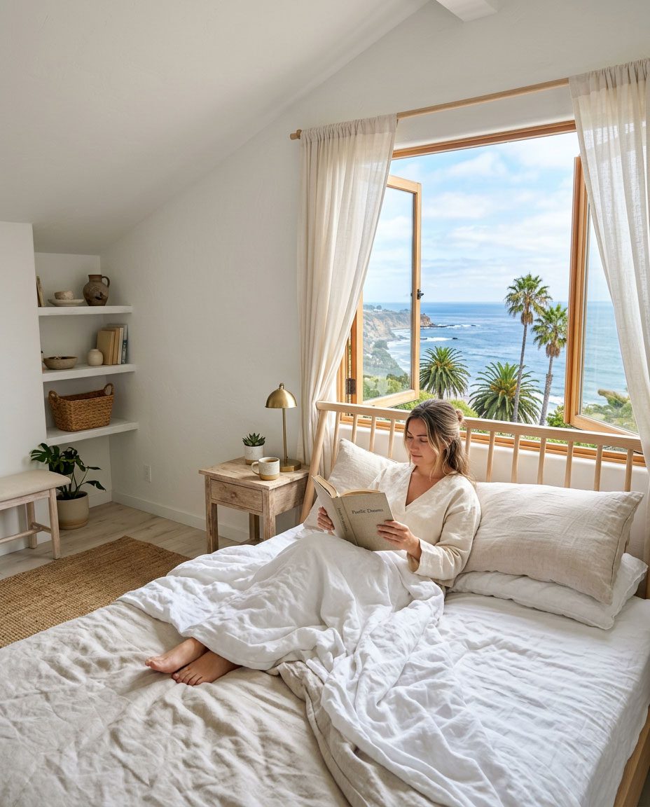 Bright, airy bedroom in a Pacific coast condo, light linen bedding and a view of blue sky and palm trees — Riviera Home Furniture