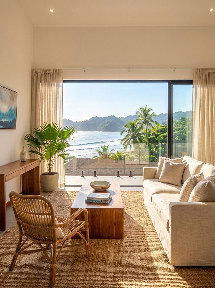 Custom curtains with Pacific coast ocean view — Riviera Home Furniture window treatments