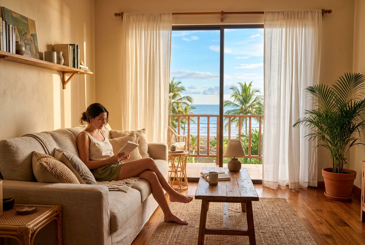 Warm, cozy living room interior in a Jacó Beach condo, golden light and ocean view — Riviera Home Furniture