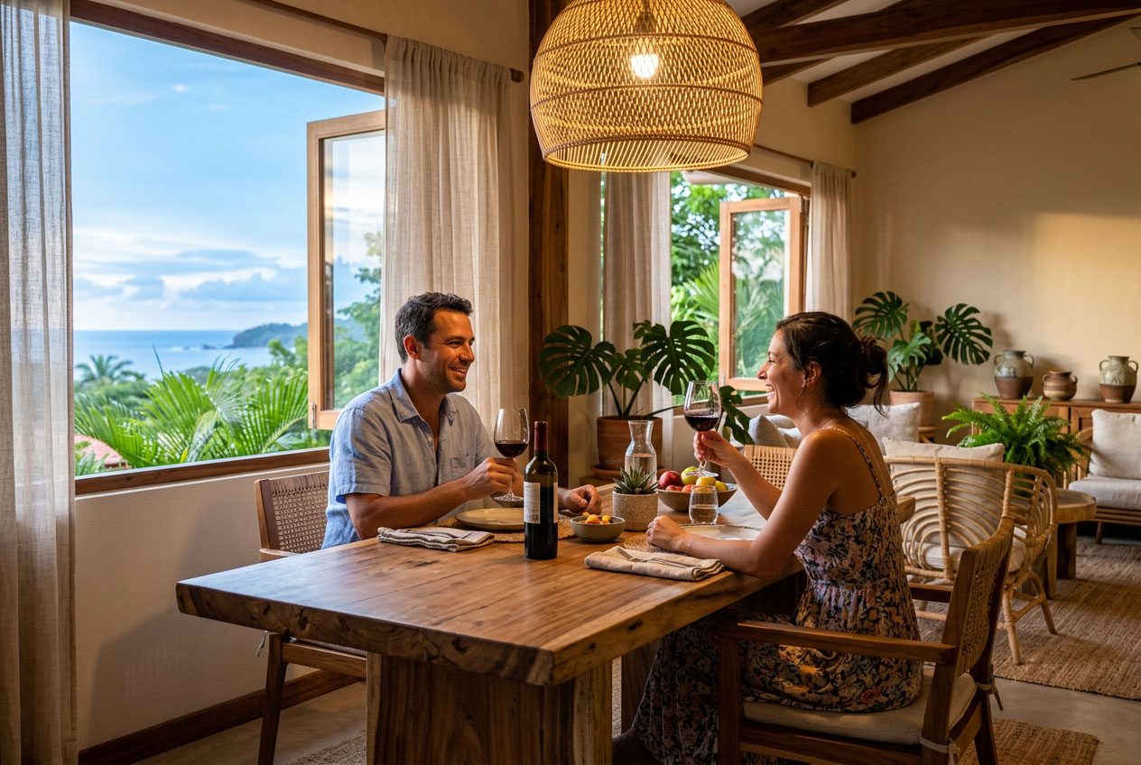 Cozy dining area in a Costa Rican coastal home, warm evening light and blue sky visible through the window — Riviera Home Furniture