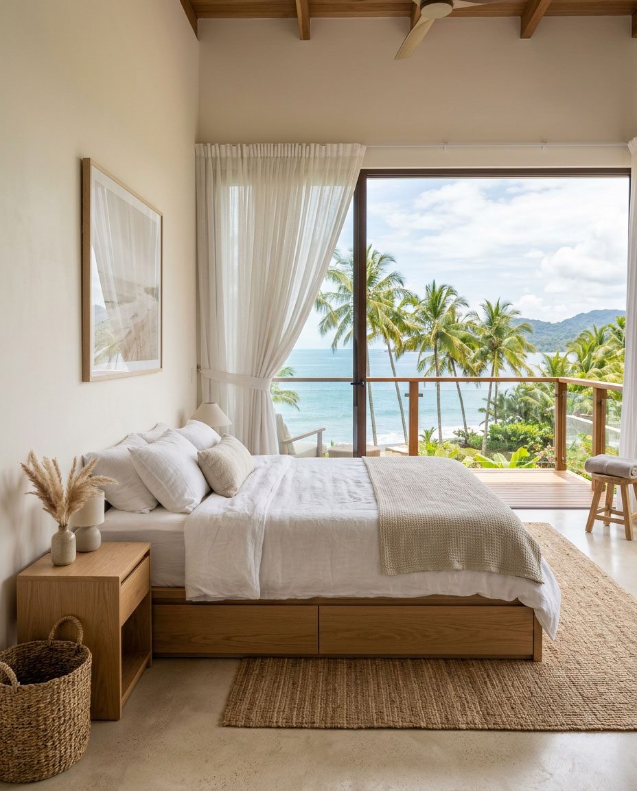 Modern coastal bedroom with built-in storage bed base — Riviera Home Furniture Jacó