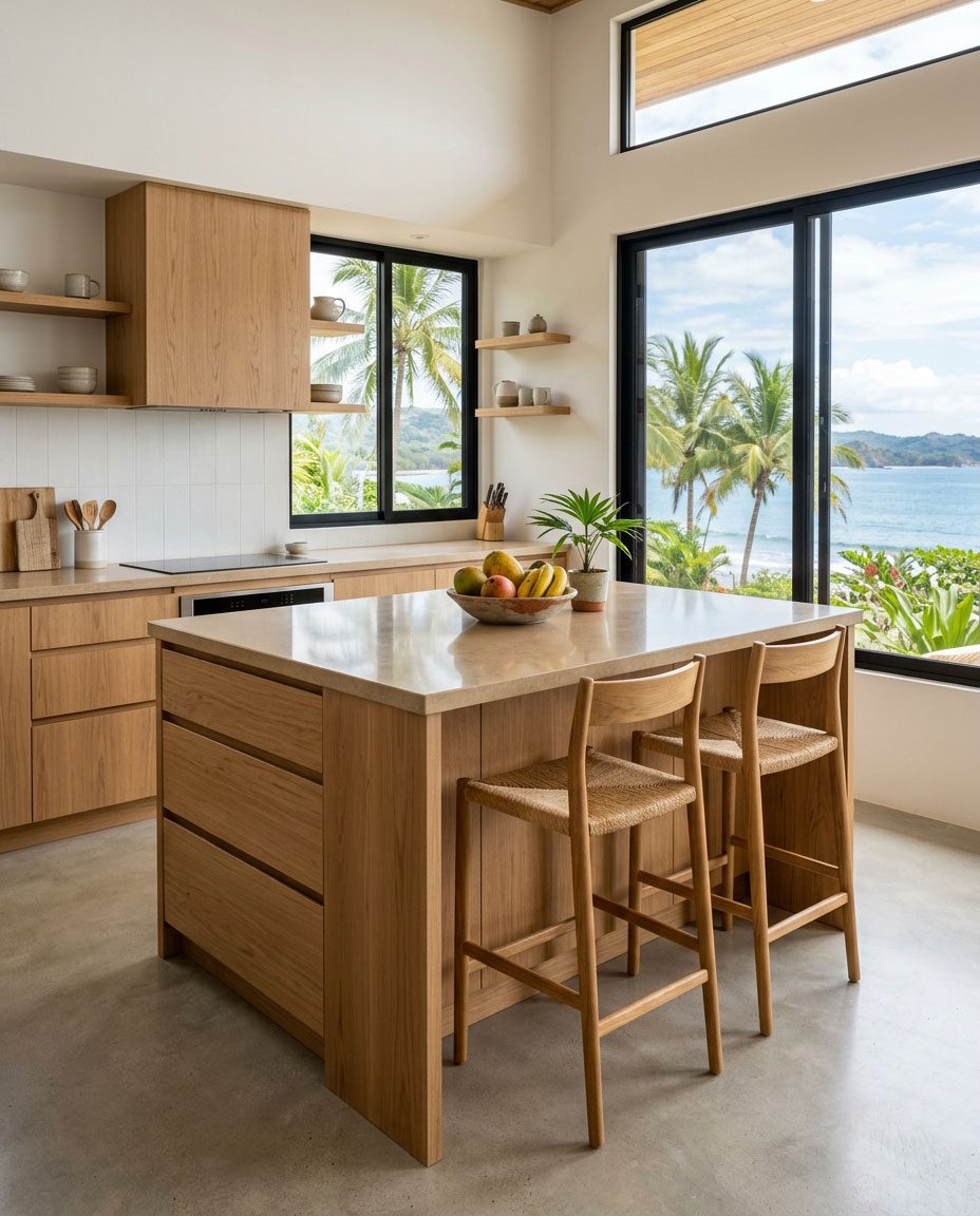 Modern coastal kitchen with custom island — Riviera Home Furniture Jacó