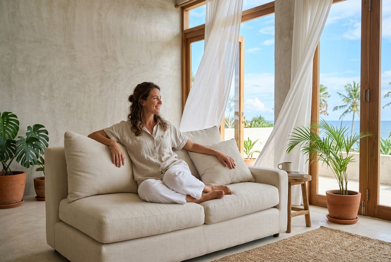 Person relaxed on a cream upholstered loveseat, sheer linen curtains, open airy coastal interior — Riviera Home Furniture Jacó