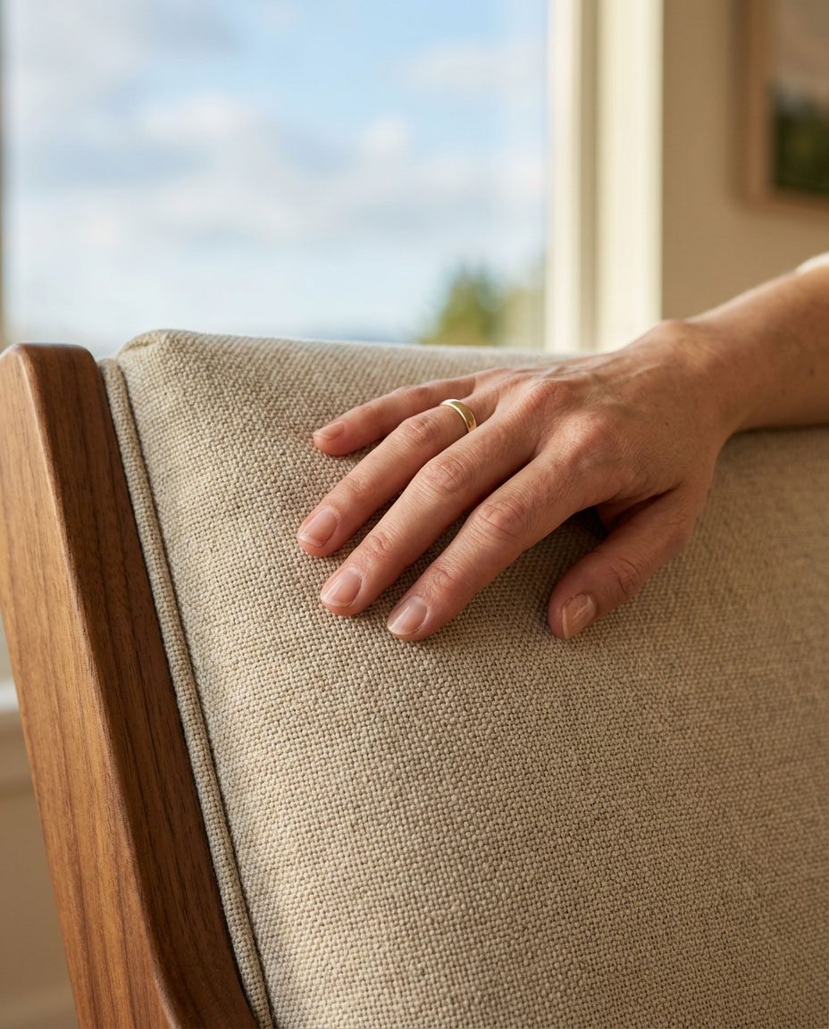 Hand resting on smooth, finely woven linen upholstery fabric — Riviera Home Furniture Jacó