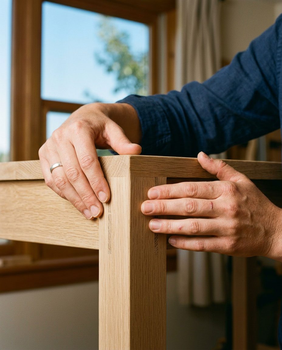 Close detail of hands at a solid wood furniture joint — Riviera Home Furniture Jacó