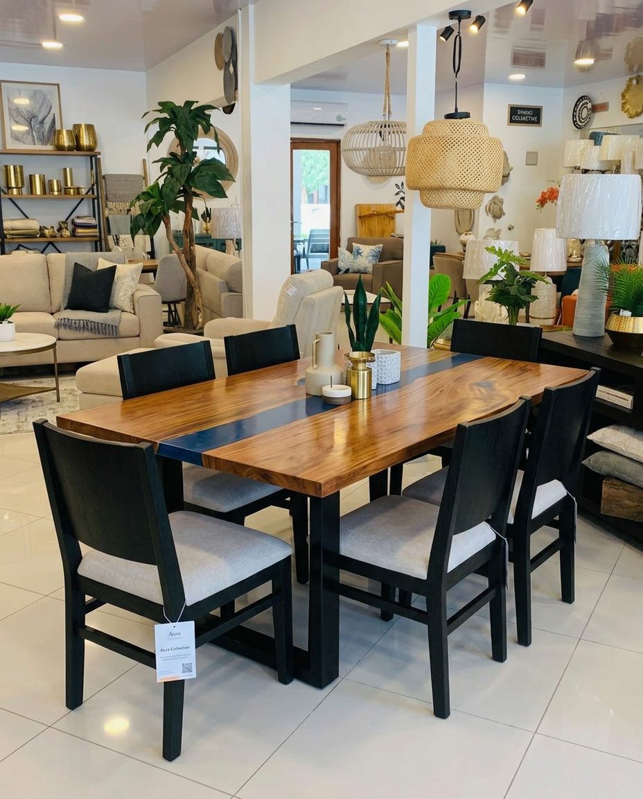 Live edge dining table with epoxy resin detail, solid wood grain — Riviera Home Furniture Jacó