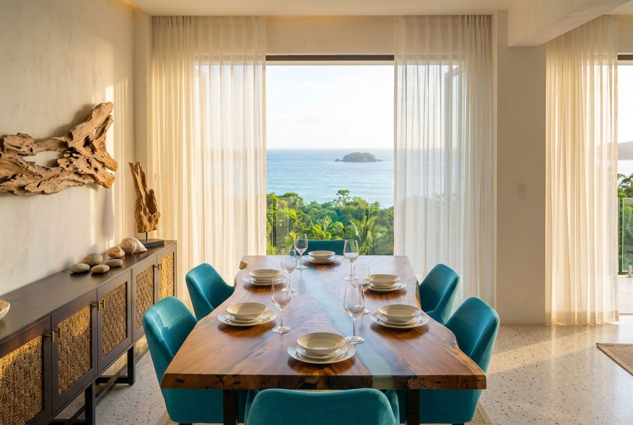 Live edge saman dining table with teal chairs in a luxury Jacó condo — Riviera Home Furniture