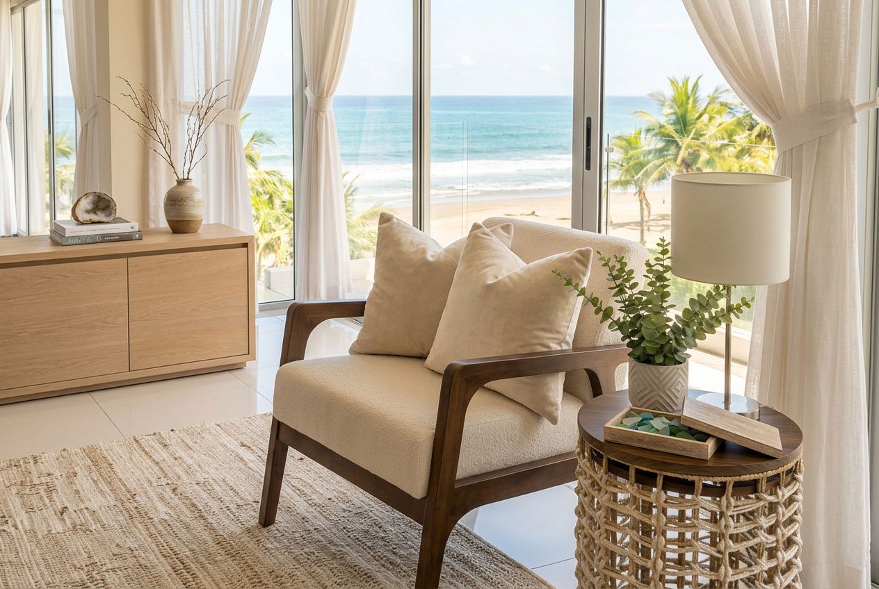 MCM Armchair — sled base, warm wood frame, cream upholstery — Riviera Home Furniture Jacó Costa Rica