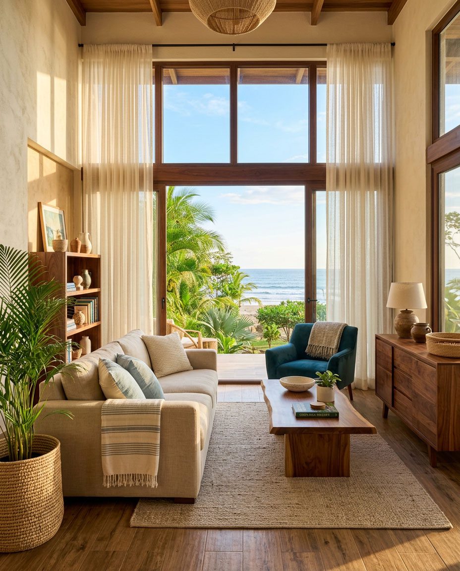Teal accent chair and terracotta tones in a Jacó coastal interior — Riviera Home Furniture