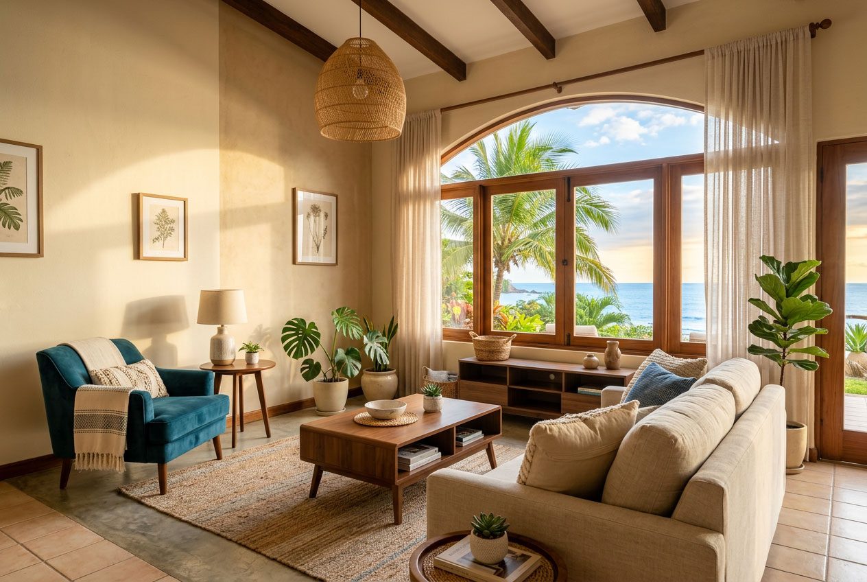 Warm neutral living room palette with sand, cream and walnut tones — Riviera Home Furniture Jacó Costa Rica