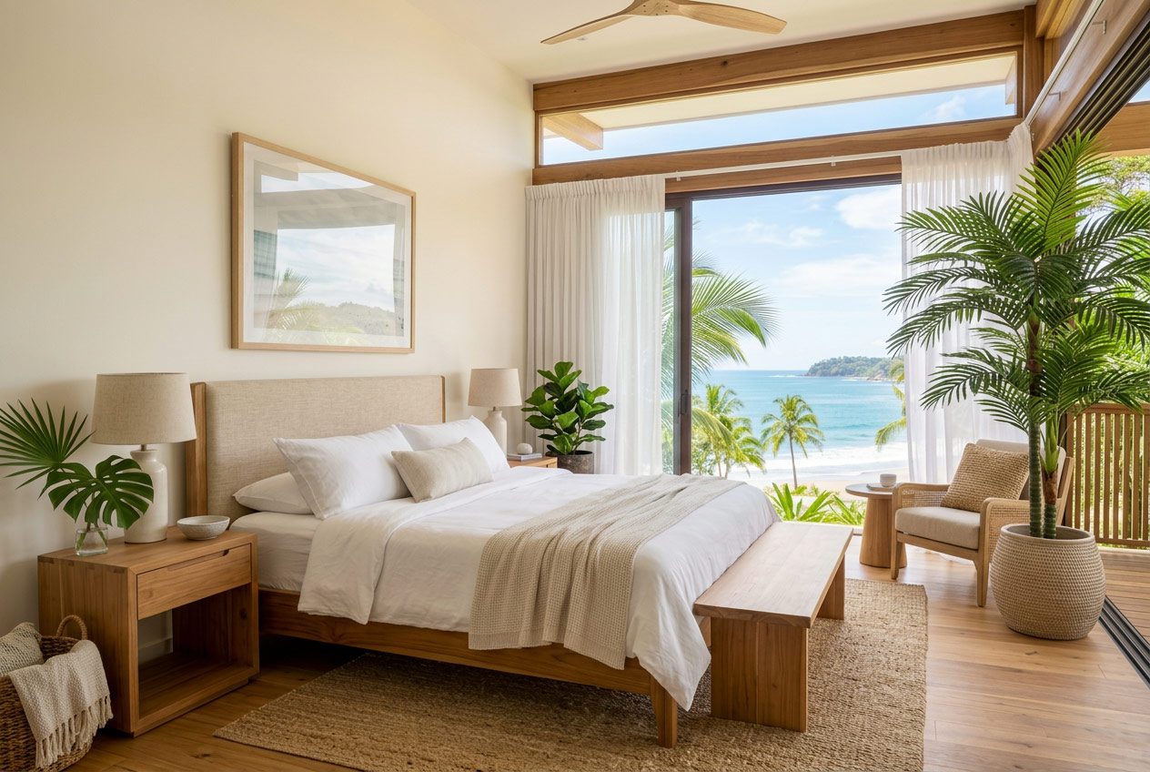 Realistic artificial plant styled in a coastal Jacó bedroom — Riviera Home Furniture