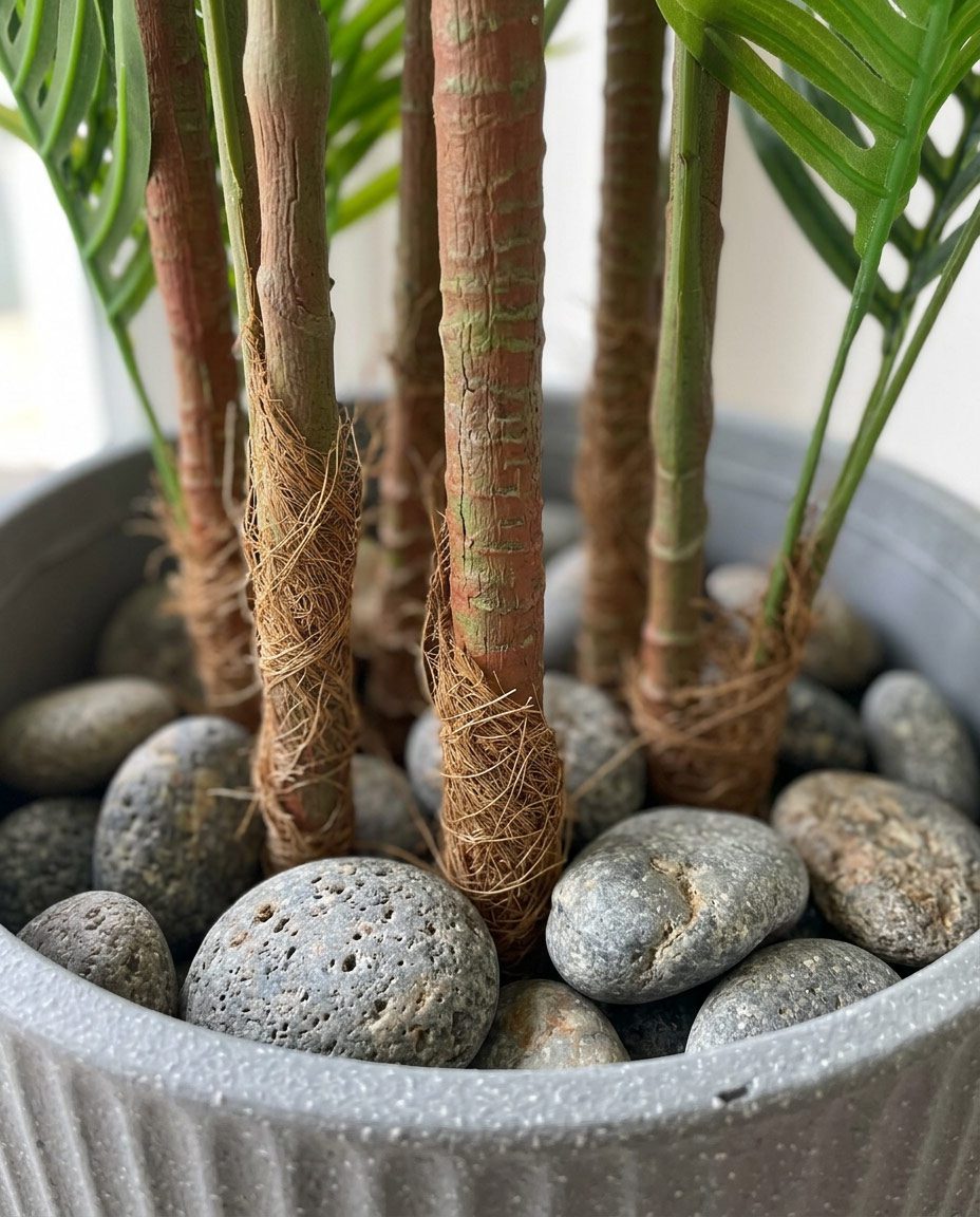 Close-up of a hand-finished artificial palm trunk showing realistic bark texture — Riviera Home Furniture