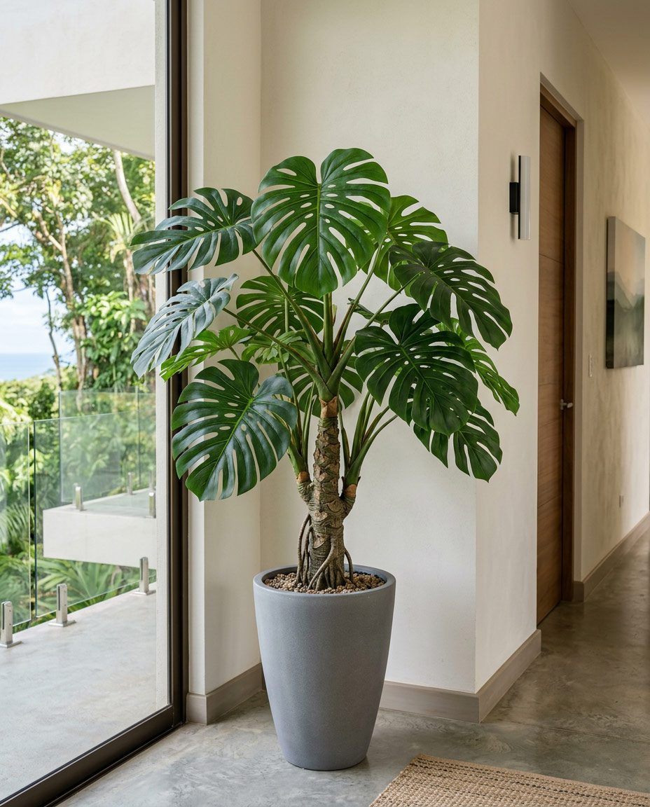 Realistic artificial palm styled in a Jacó condo hallway — Riviera Home Furniture