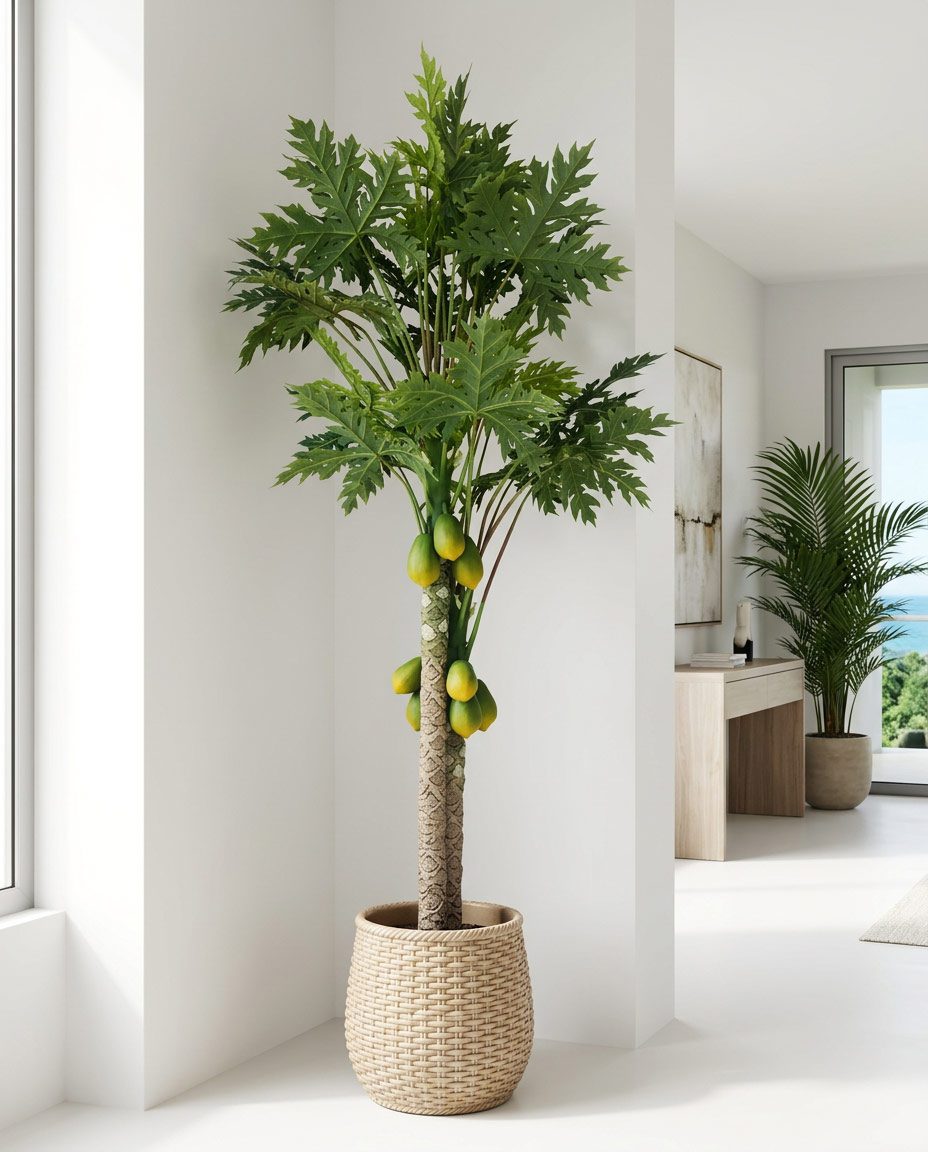 Realistic artificial plant styled in a Jacó condo corner — Riviera Home Furniture