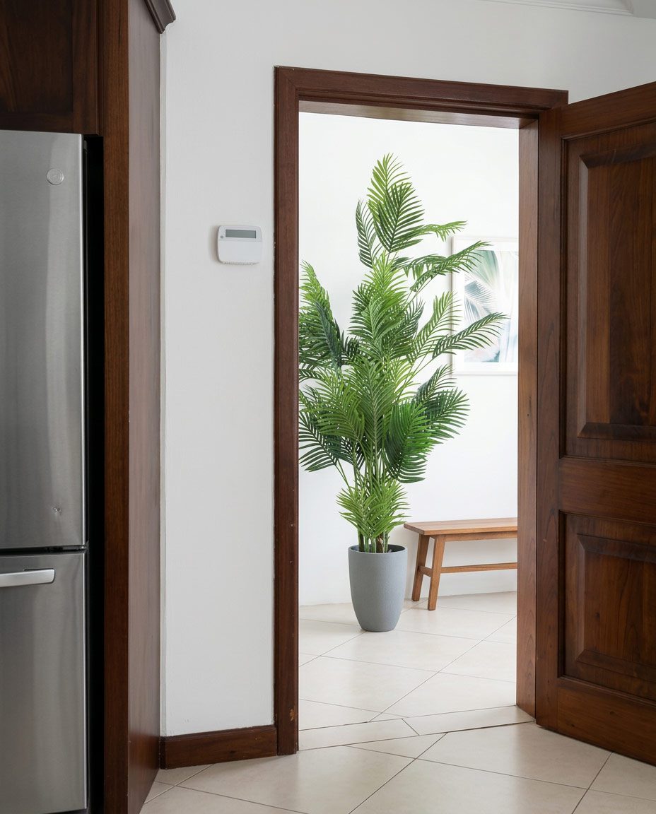Realistic artificial plant styled in a Jacó condo living space — Riviera Home Furniture