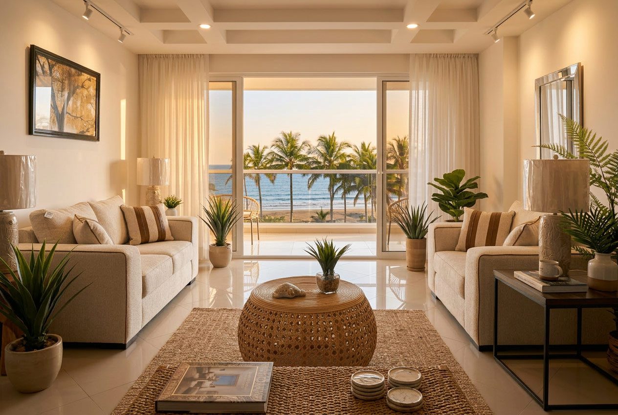 Coastal living room with ocean and palm tree view, Riviera Home Furniture Jacó, Costa Rica