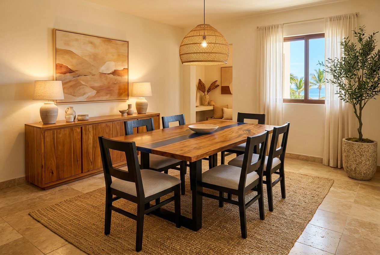 Solid wood furniture in Costa Rica — dining table with a navy resin river in a Jacó Beach condo by Riviera Home Furniture