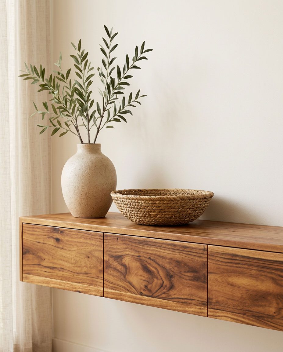 Floating solid wood console with natural grain and oiled finish — Riviera Home Furniture Jacó, Costa Rica